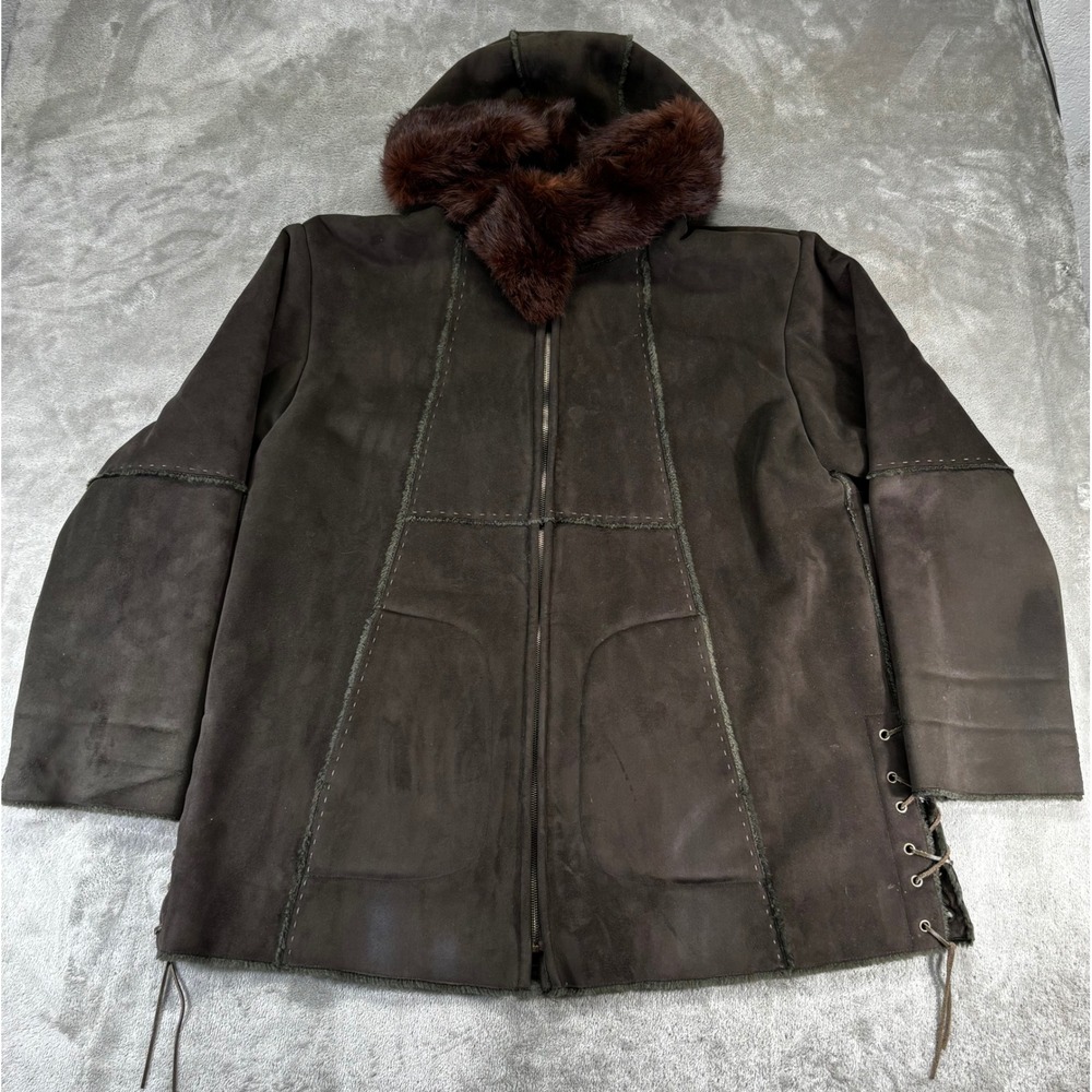 1 Madison Russia Hooded Coat Women XL Faux Shearling Fur Trim ez removeable trim